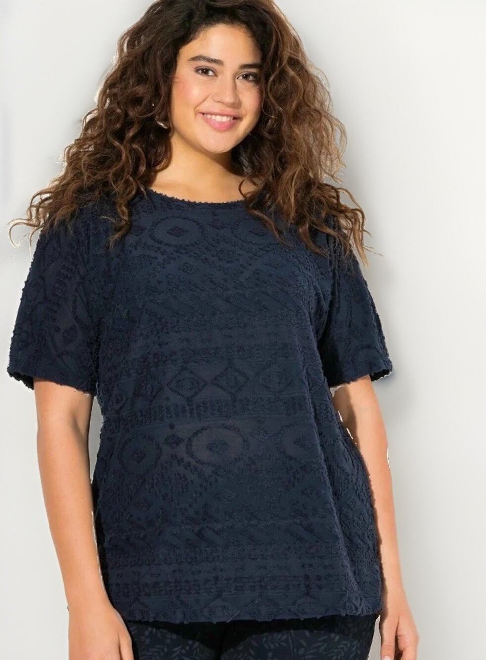 Ulla Popken Womens Plus Size Top Blouse Short Sleeve Texture Boho 28